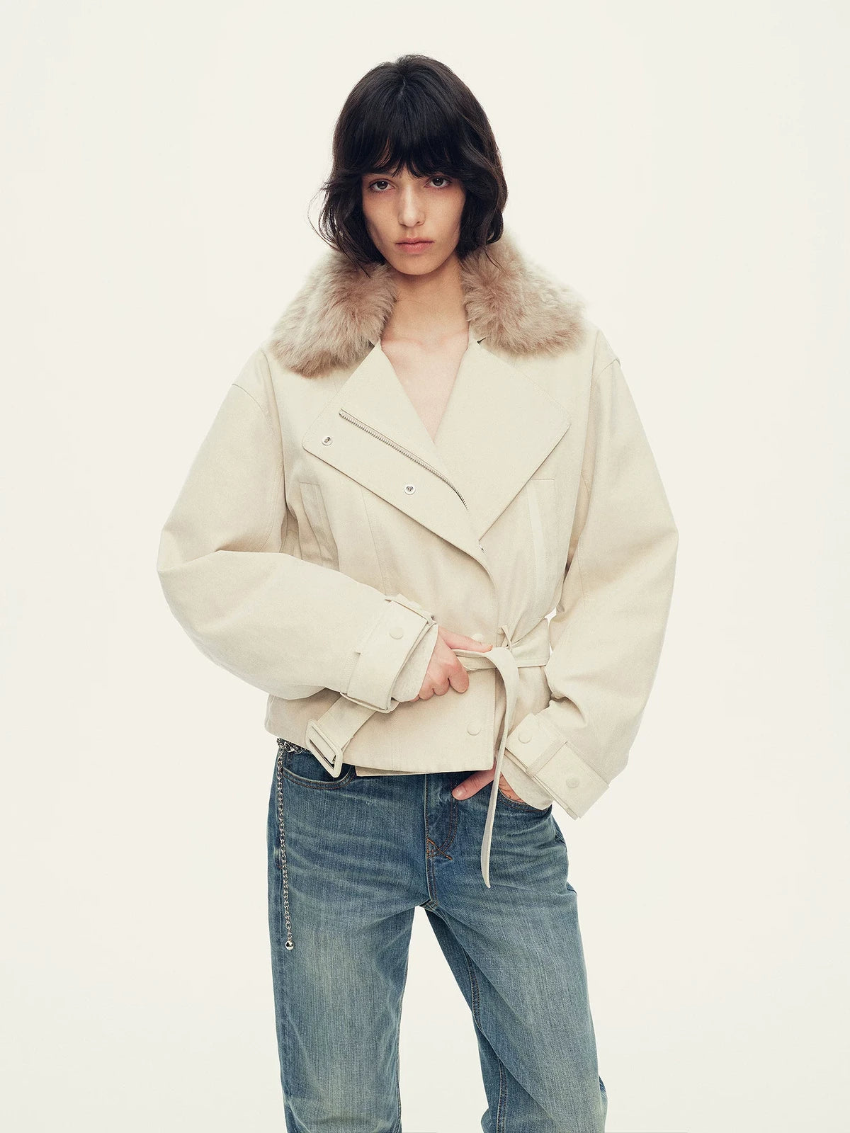 Firelady Fur Women's Cropped Down Parka - Detachable Shearling Collar in Off White - front half