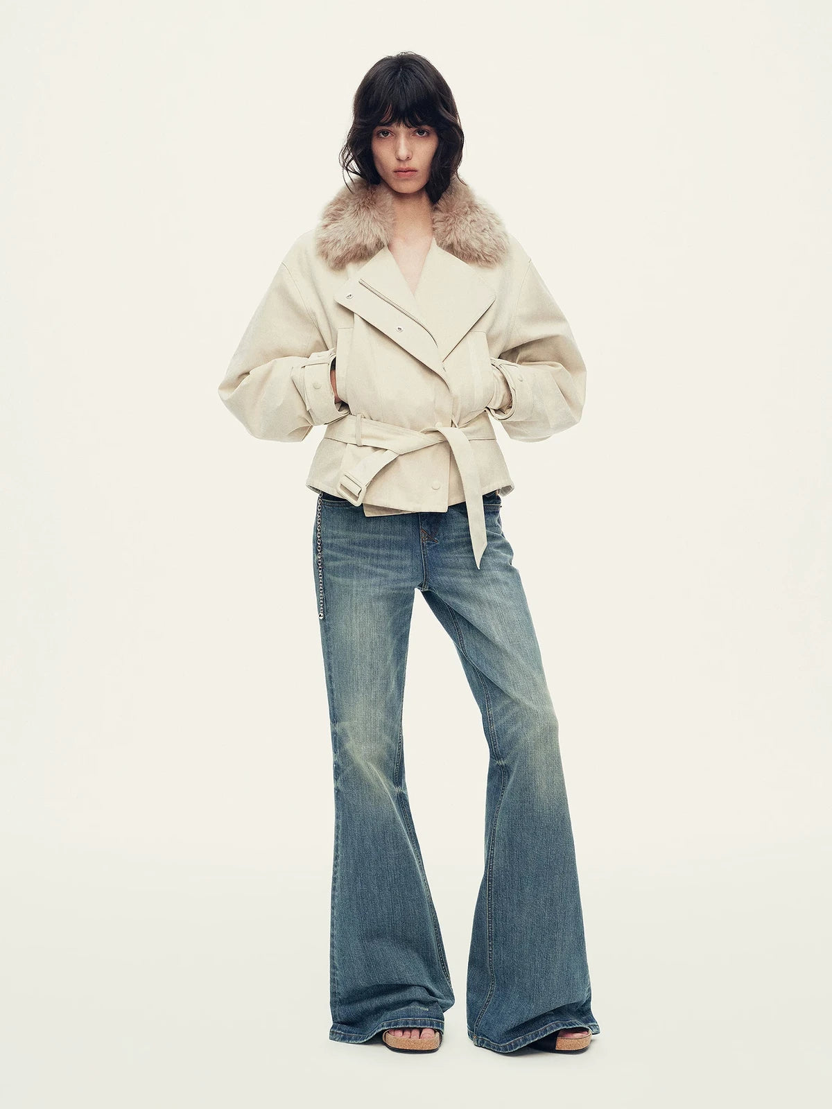 Firelady Fur Women's Cropped Down Parka - Detachable Shearling Collar in Off White - view 2