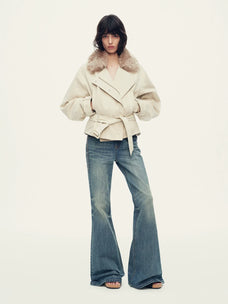 Firelady Fur Women's Cropped Down Parka - Detachable Shearling Collar in Off White - view 2