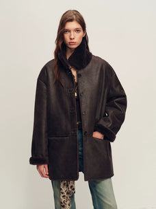 Firelady Fur Women's Reversible Shearling Fur Coat - Merino in Deep Purple Brown - front half-body