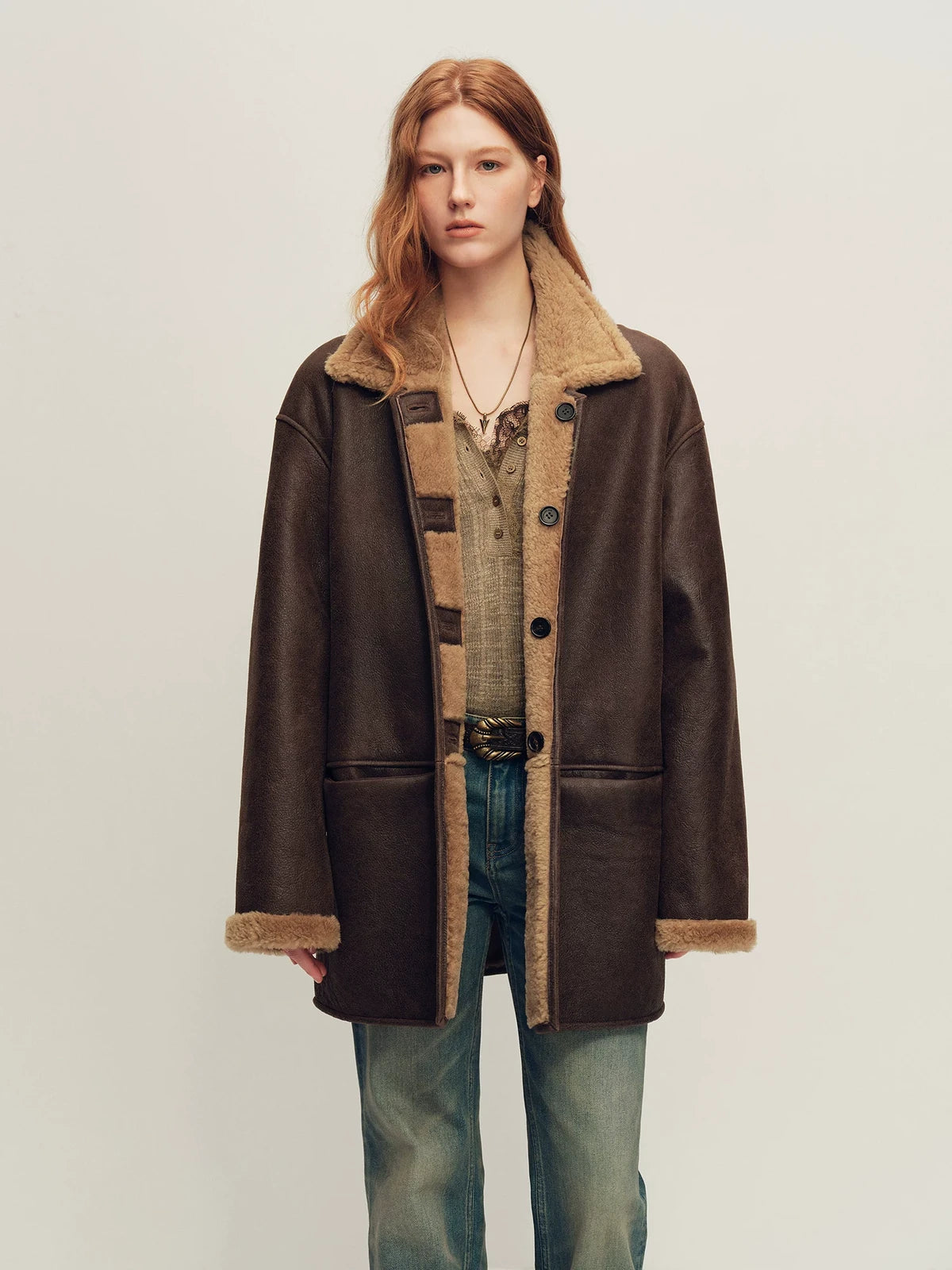 Firelady Fur Women's Reversible Shearling Fur Coat - Merino in Deep Red Brown - front half-body