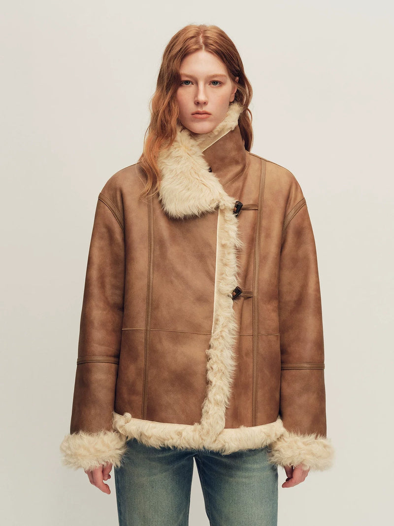 Firelady Fur Women's Reversible Shearling Leather Jacket - Toscana in Golden Brown - front half-body