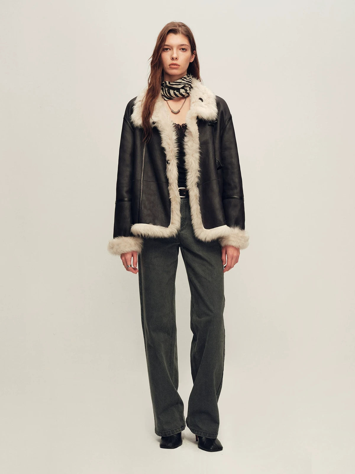 Firelady Fur Women's Reversible Shearling Leather Jacket - Toscana in Green Beige - view 3