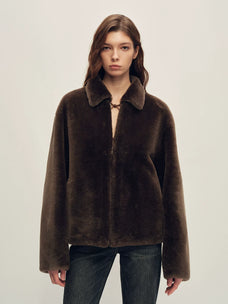 Firelady Fur Women's Merino Shearling Zip Jacket - Small Collar in Black Tea - front half