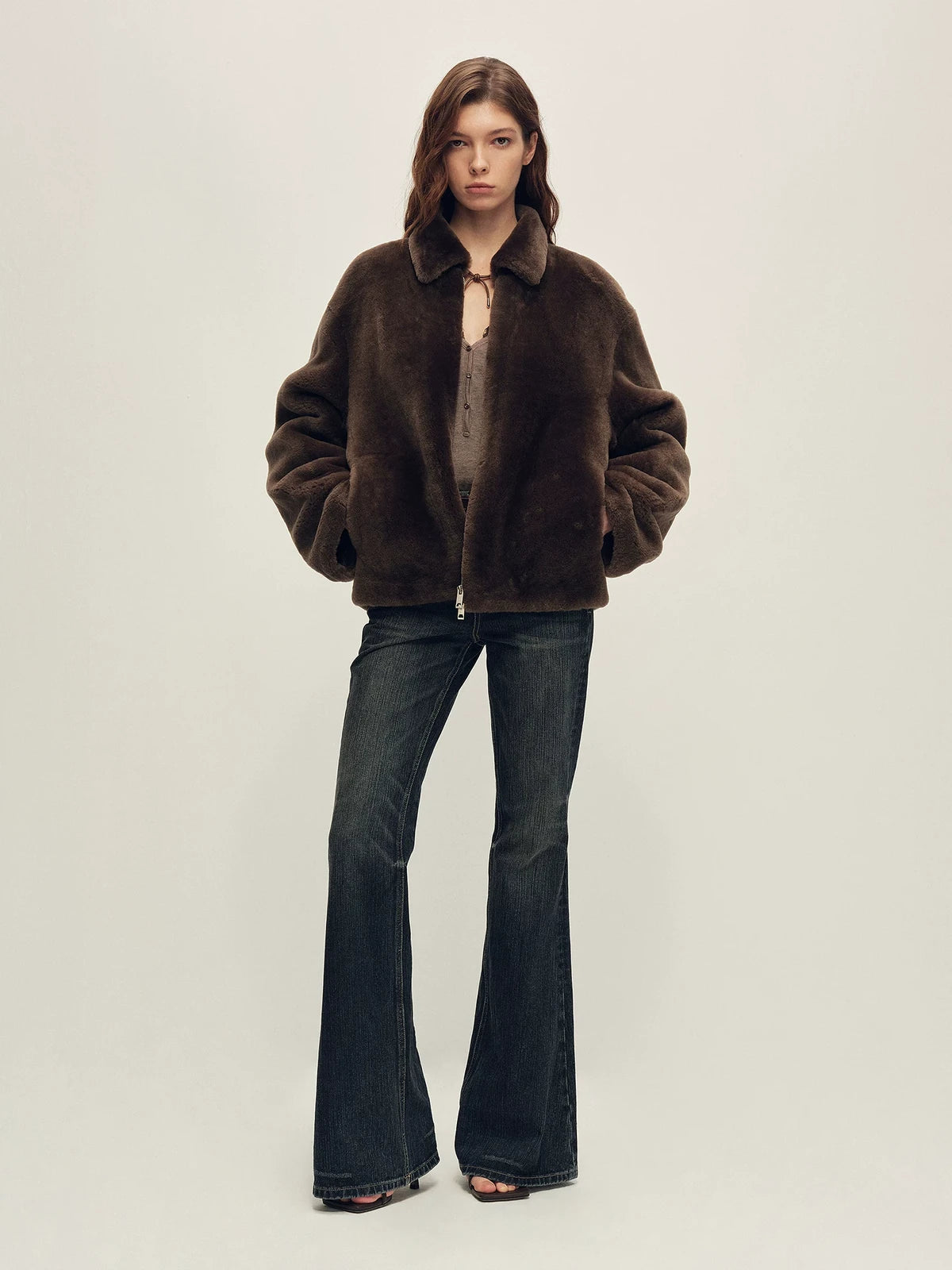 Firelady Fur Women's Merino Shearling Zip Jacket - Small Collar in Black Tea - view 3