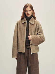 Firelady Fur Women's Merino Shearling Zip Jacket - Small Collar in Light Pastel Brown - front half