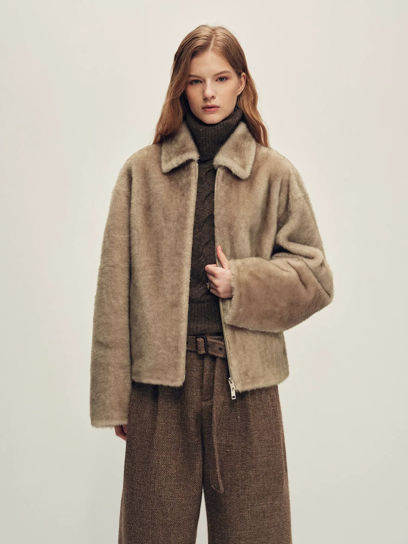 Firelady Fur Women's Merino Shearling Zip Jacket - Small Collar in Light Pastel Brown - front half