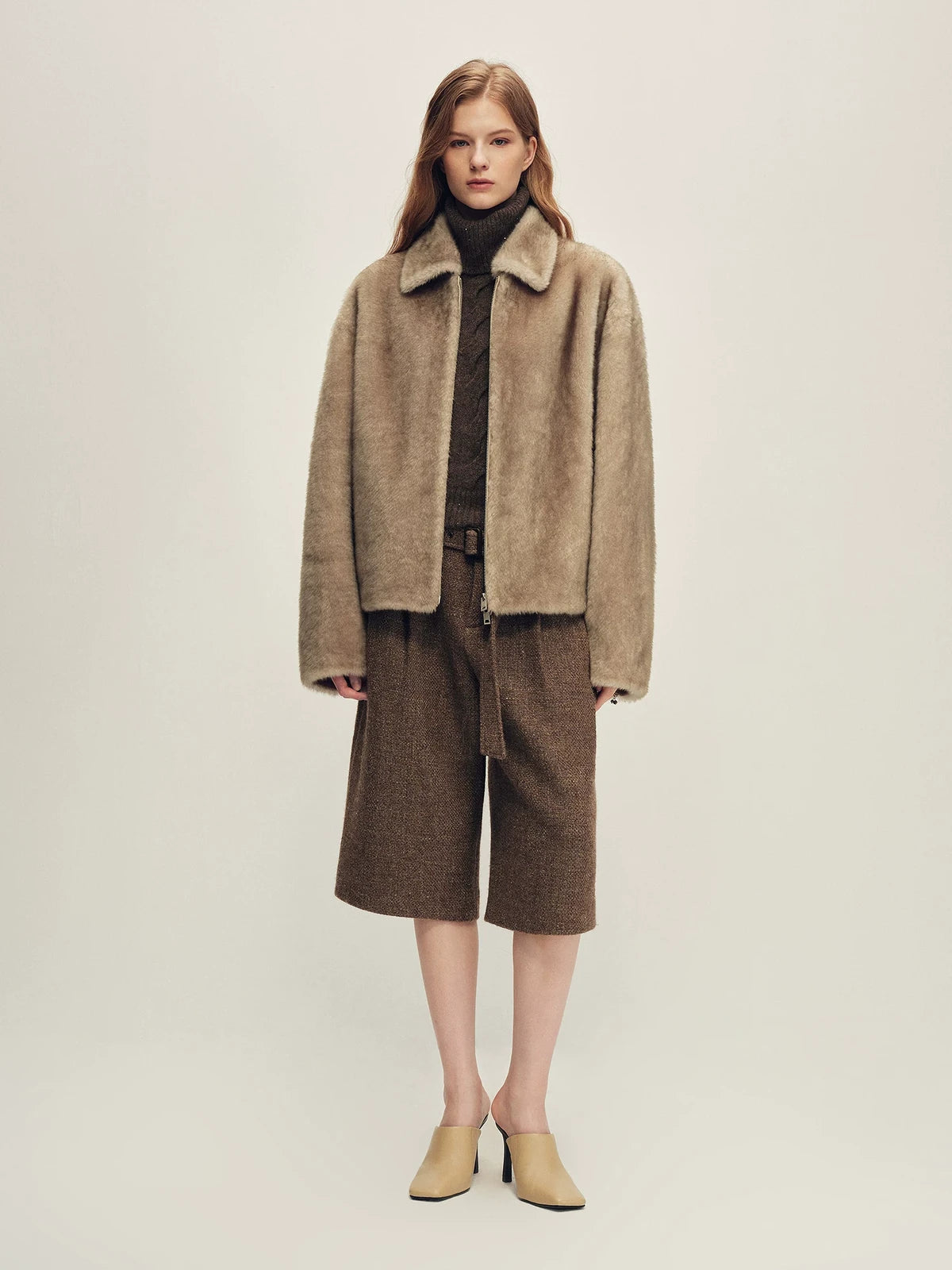 Firelady Fur Women's Merino Shearling Zip Jacket - Small Collar in Light Pastel Brown - view 3