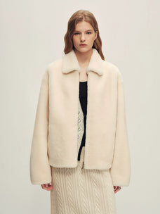 Firelady Fur Women's Merino Shearling Zip Jacket - Small Collar in White - front half