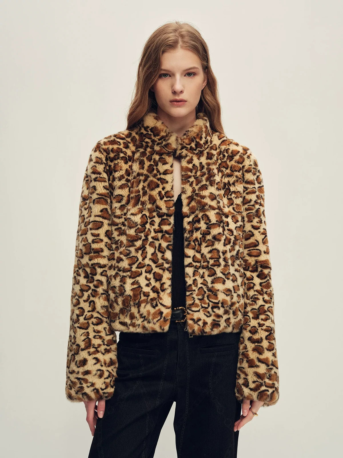 Firelady Fur Women's Leopard-Print Rex Rabbit Fur Jacket - Stand Collar in Apricot Coffee Leopard - front half