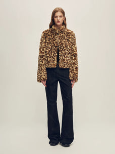 Firelady Fur Women's Leopard-Print Rex Rabbit Fur Jacket - Stand Collar in Apricot Coffee Leopard - view 2