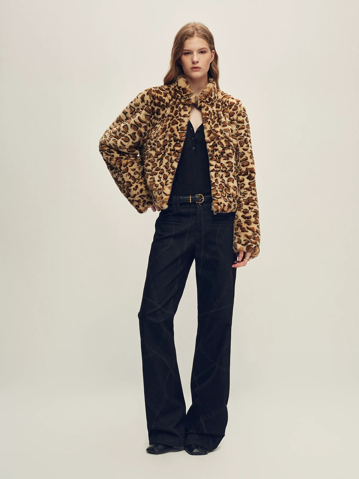 Firelady Fur Women's Leopard-Print Rex Rabbit Fur Jacket - Stand Collar in Apricot Coffee Leopard - view 3