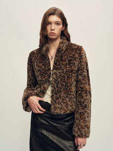 Firelady Fur Women's Leopard-Print Rex Rabbit Fur Jacket - Stand Collar in Dark Brown Leopard - front half