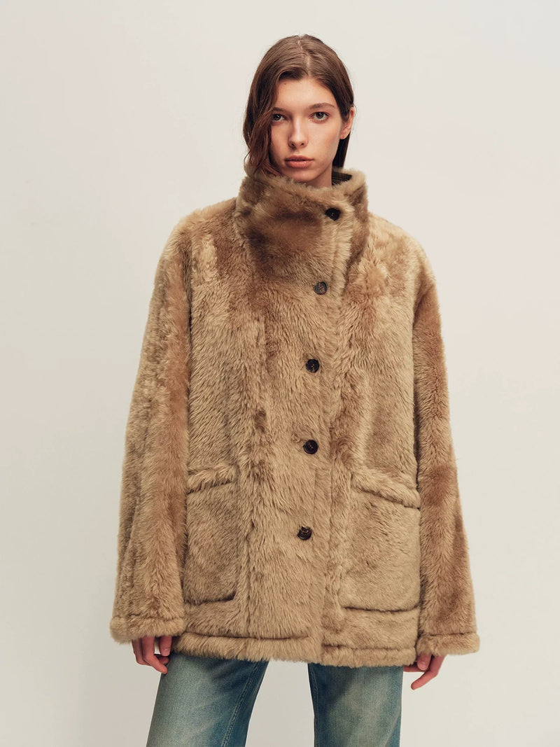 Firelady Fur Women's Merino Shearling Coat - Stand Collar in Mocha Latte - front half