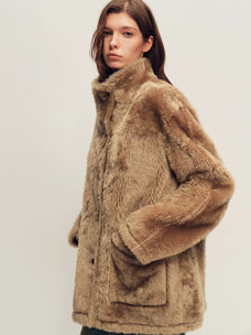 Firelady Fur Women's Merino Shearling Coat - Stand Collar in Mocha Latte - view 3