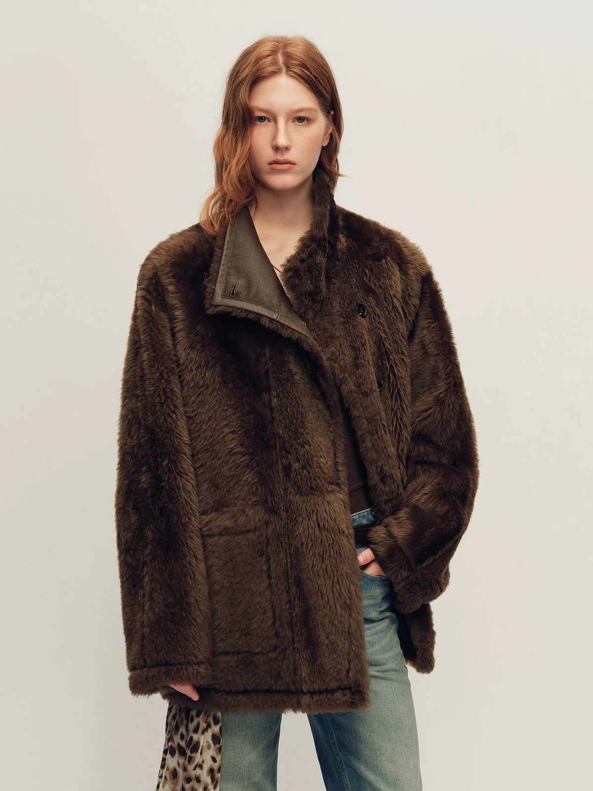 Firelady Fur Women's Merino Shearling Coat - Stand Collar in Palm Brown - front half