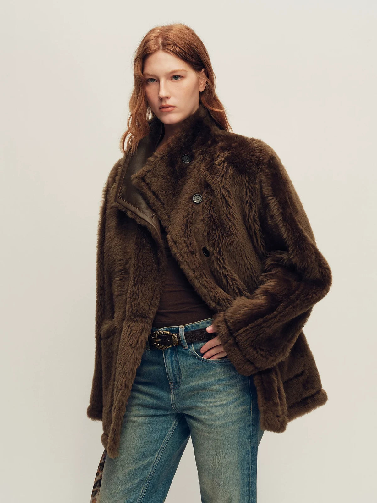 Firelady Fur Women's Merino Shearling Coat - Stand Collar in Palm Brown - view 3