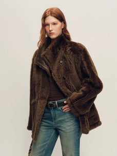 Firelady Fur Women's Merino Shearling Coat - Stand Collar in Palm Brown - view 3