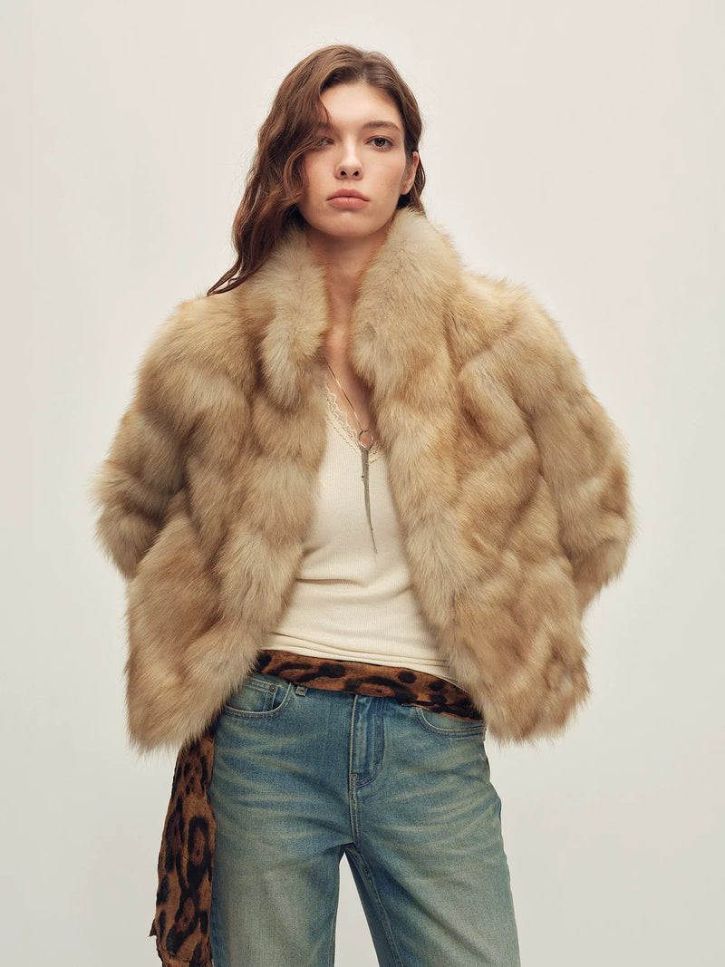 Firelady Fur Women's Fox Fur Jacket - Horizontal & Chevron Panels in Barley (Chevron) - front half