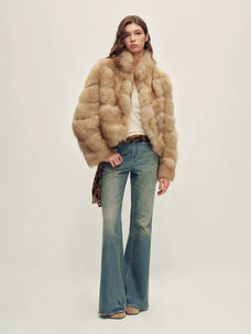 Firelady Fur Women's Fox Fur Jacket - Horizontal & Chevron Panels in Barley (Chevron) - view 2