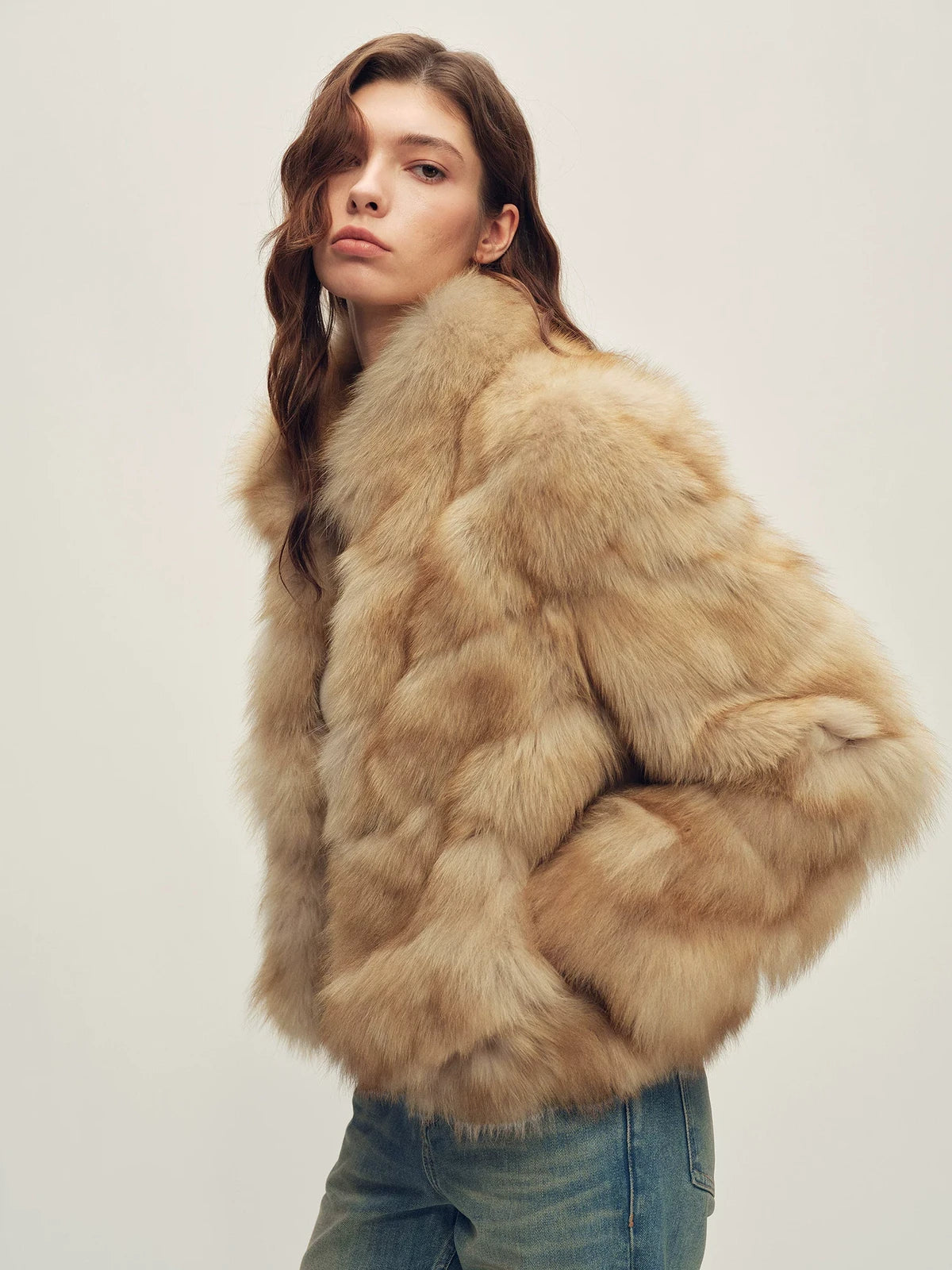 Firelady Fur Women's Fox Fur Jacket - Horizontal &amp; Chevron Panels in Barley (Chevron) - view 3