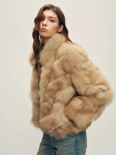Firelady Fur Women's Fox Fur Jacket - Horizontal & Chevron Panels in Barley (Chevron) - view 3