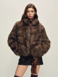 Firelady Fur Women's Fox Fur Jacket - Horizontal & Chevron Panels in Farmer Brown (Chevron) - front half