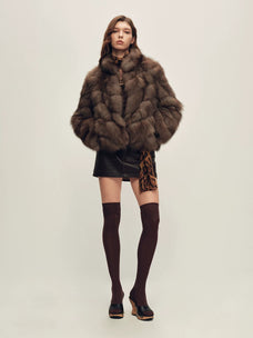 Firelady Fur Women's Fox Fur Jacket - Horizontal & Chevron Panels in Farmer Brown (Chevron) - view 2