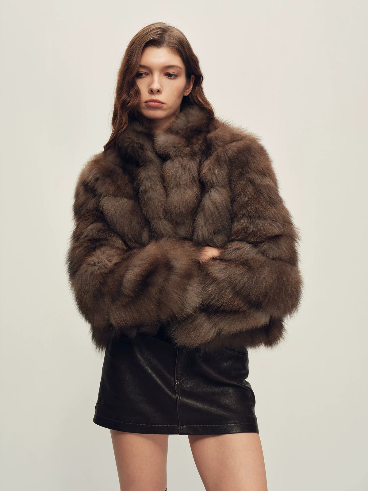 Firelady Fur Women's Fox Fur Jacket - Horizontal &amp; Chevron Panels in Farmer Brown (Chevron) - view 3