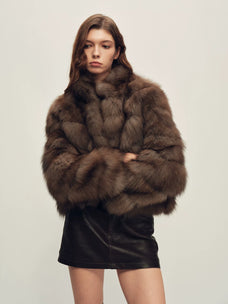 Firelady Fur Women's Fox Fur Jacket - Horizontal & Chevron Panels in Farmer Brown (Chevron) - view 3