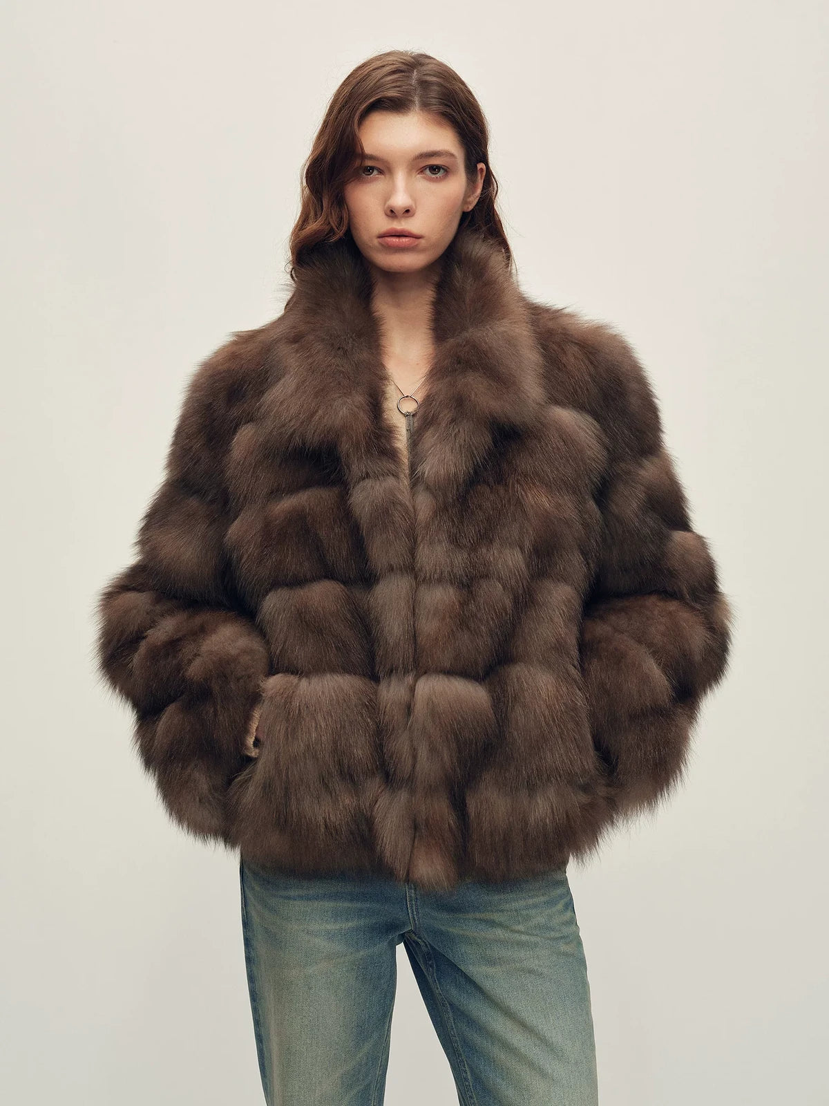 Firelady Fur Women's Fox Fur Jacket - Horizontal &amp; Chevron Panels in Farmer Brown (Horizontal) - front half