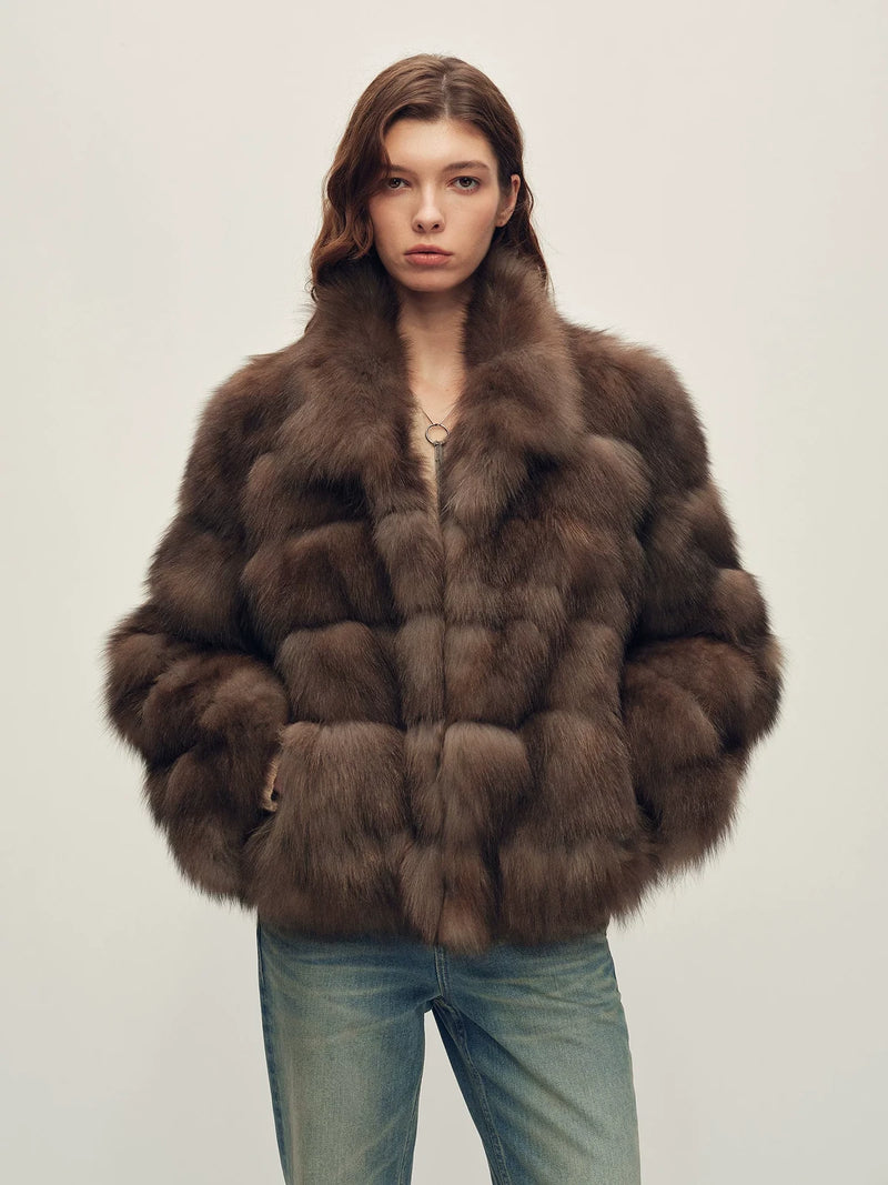 Firelady Fur Women's Fox Fur Jacket - Horizontal & Chevron Panels in Farmer Brown (Horizontal) - front half