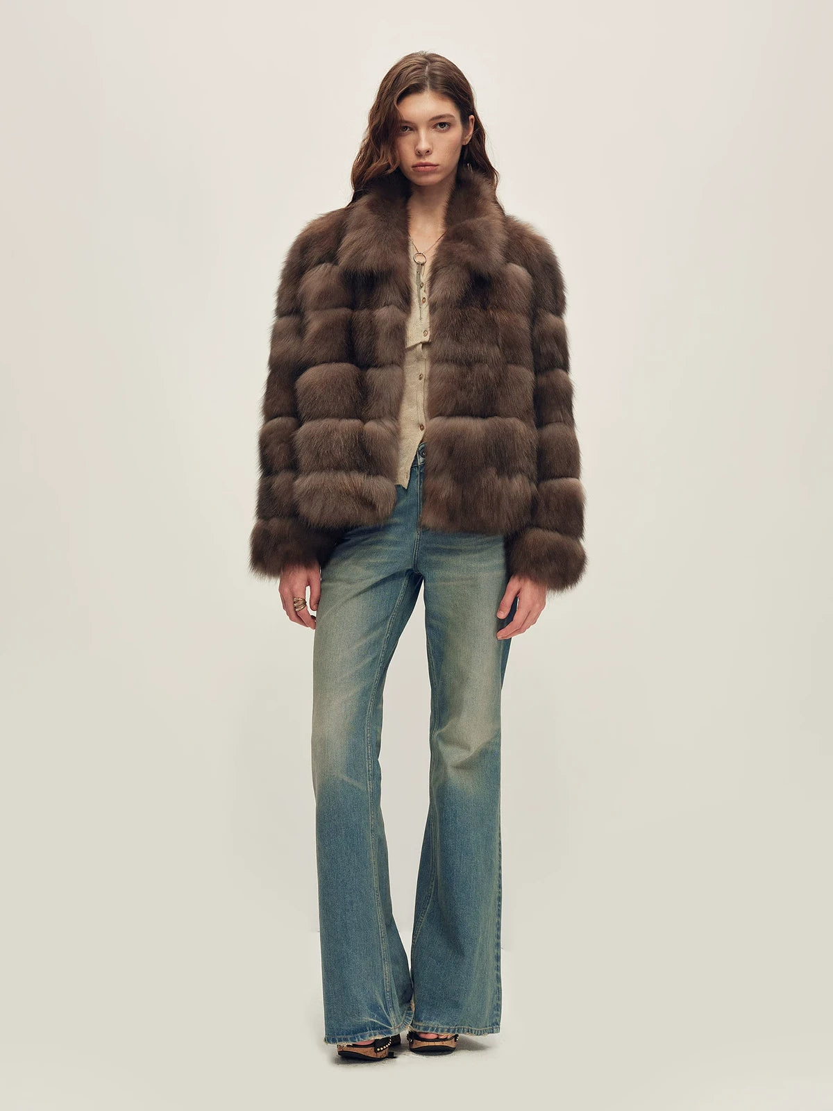 Firelady Fur Women's Fox Fur Jacket - Horizontal &amp; Chevron Panels in Farmer Brown (Horizontal) - view 2
