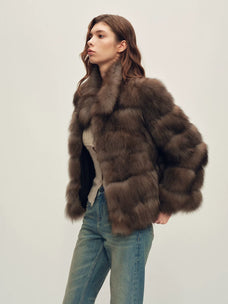 Firelady Fur Women's Fox Fur Jacket - Horizontal & Chevron Panels in Farmer Brown (Horizontal) - view 3