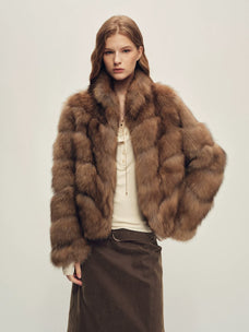 Firelady Fur Women's Fox Fur Jacket - Horizontal & Chevron Panels in Lavender Taupe (Chevron) - front half