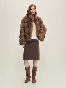 Firelady Fur Women's Fox Fur Jacket - Horizontal & Chevron Panels in Lavender Taupe (Chevron) - view 2