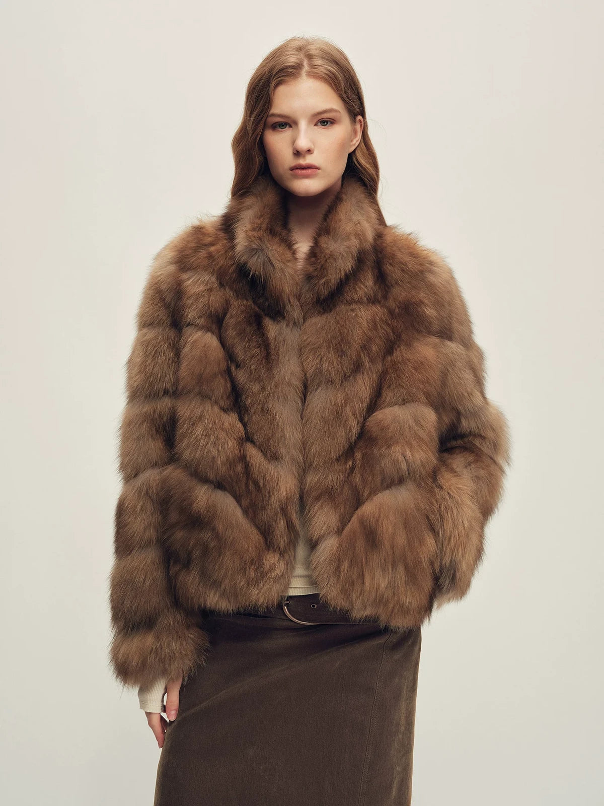 Firelady Fur Women's Fox Fur Jacket - Horizontal &amp; Chevron Panels in Lavender Taupe (Chevron) - view 3