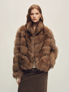 Firelady Fur Women's Fox Fur Jacket - Horizontal & Chevron Panels in Lavender Taupe (Chevron) - view 3