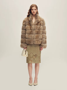 Firelady Fur Women's Fox Fur Jacket - Horizontal & Chevron Panels in Lavender Taupe (Horizontal) - view 2