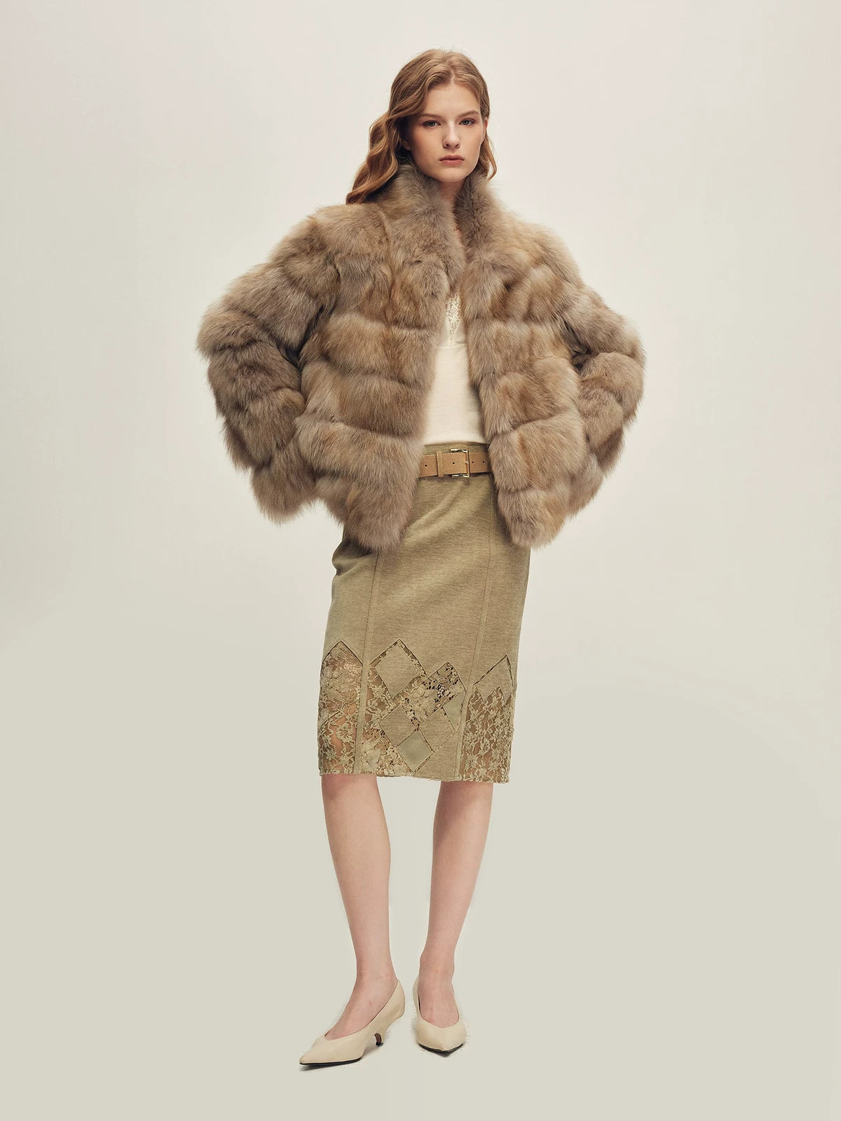 Firelady Fur Women's Fox Fur Jacket - Horizontal &amp; Chevron Panels in Lavender Taupe (Horizontal) - view 3