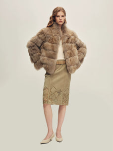 Firelady Fur Women's Fox Fur Jacket - Horizontal & Chevron Panels in Lavender Taupe (Horizontal) - view 3