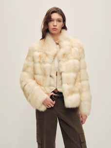 Firelady Fur Women's Fox Fur Jacket - Horizontal & Chevron Panels in Moonlight (Horizontal) - front half