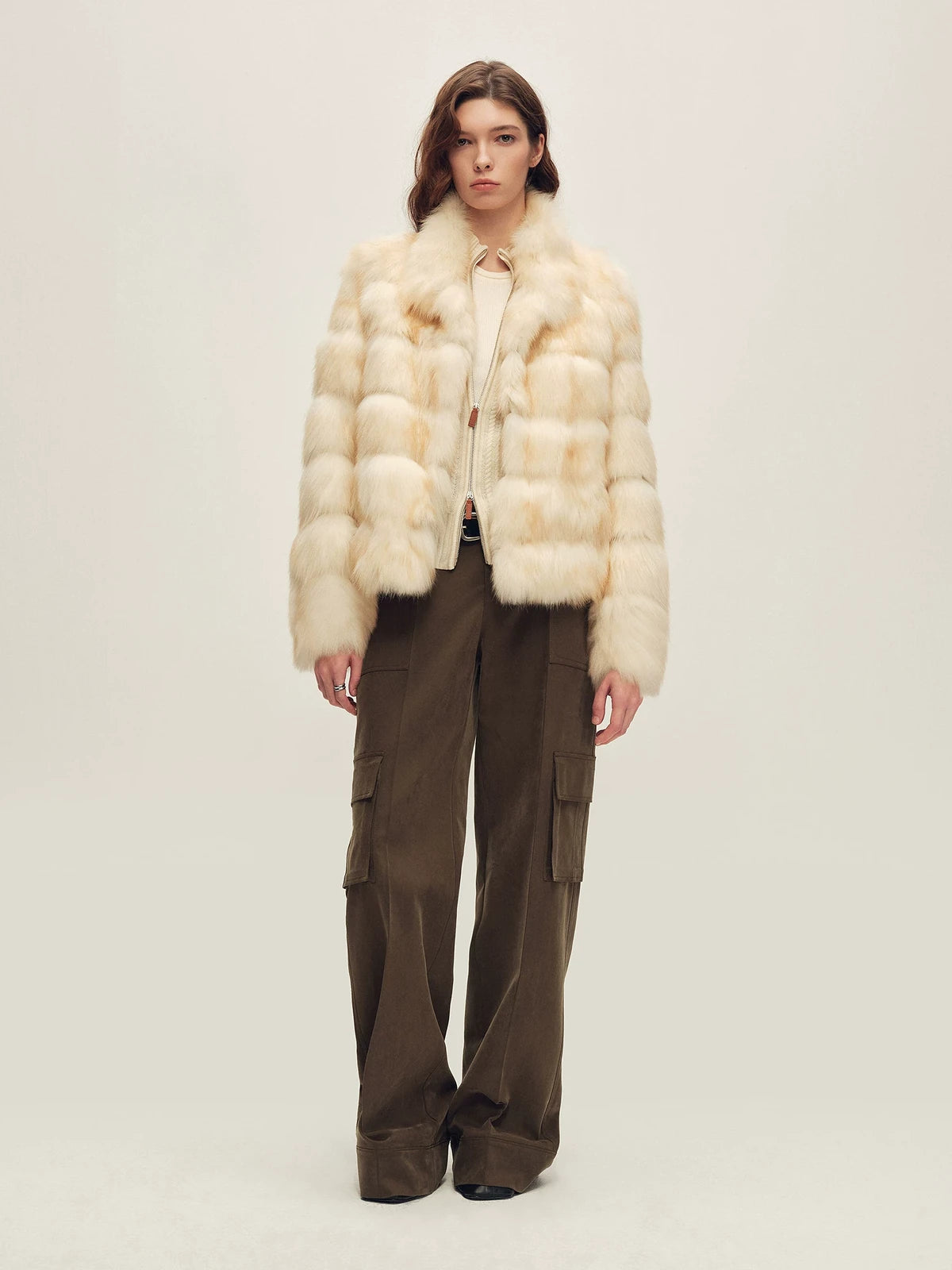 Firelady Fur Women's Fox Fur Jacket - Horizontal &amp; Chevron Panels in Moonlight (Horizontal) - view 2