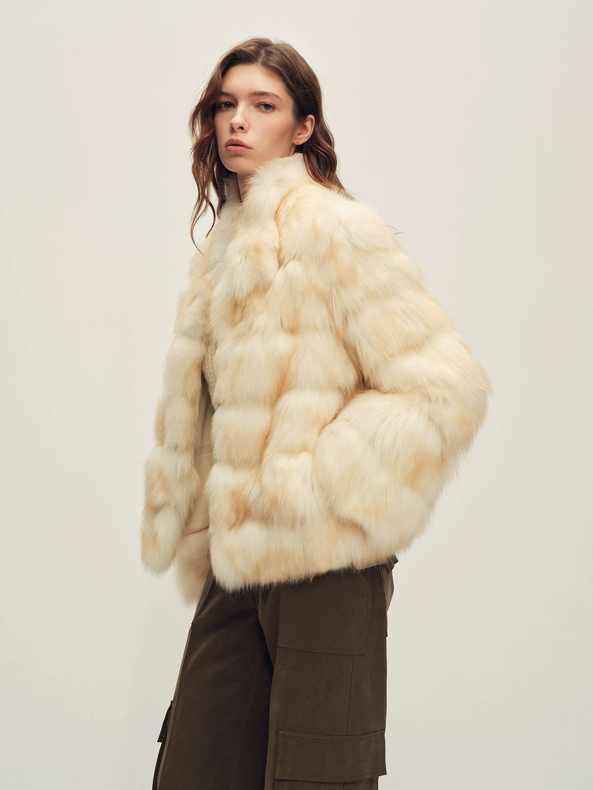 Firelady Fur Women's Fox Fur Jacket - Horizontal &amp; Chevron Panels in Moonlight (Horizontal) - view 3