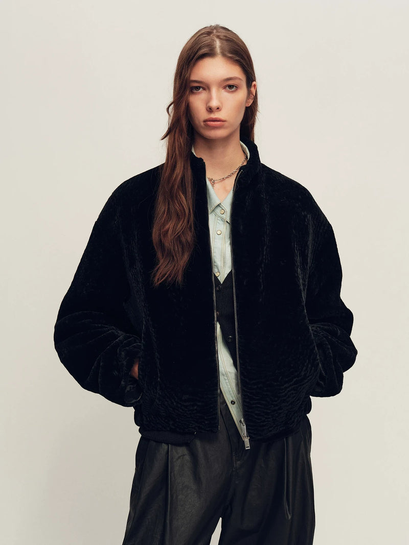 Firelady Fur Women's Cropped Shearling Fur Coat - Stand Collar in Black - front half-body