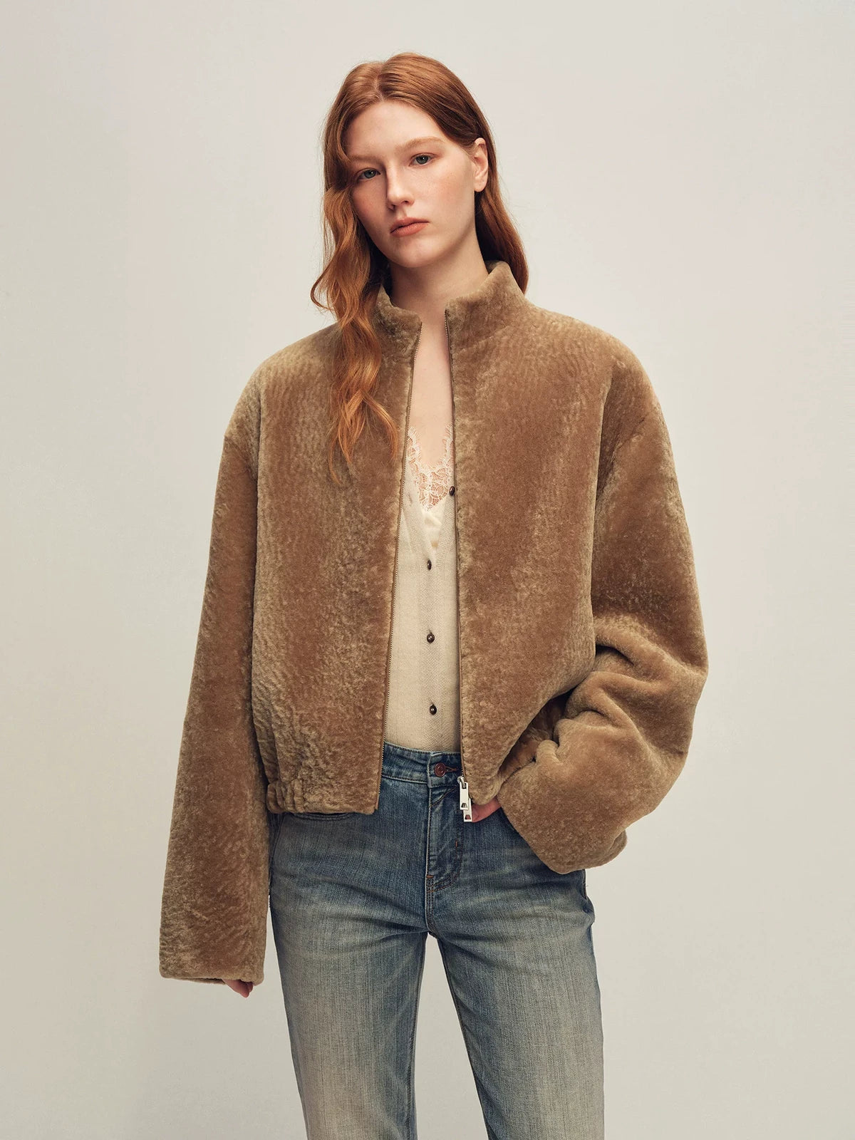 Firelady Fur Women's Cropped Shearling Fur Coat - Stand Collar in Camel - view 2