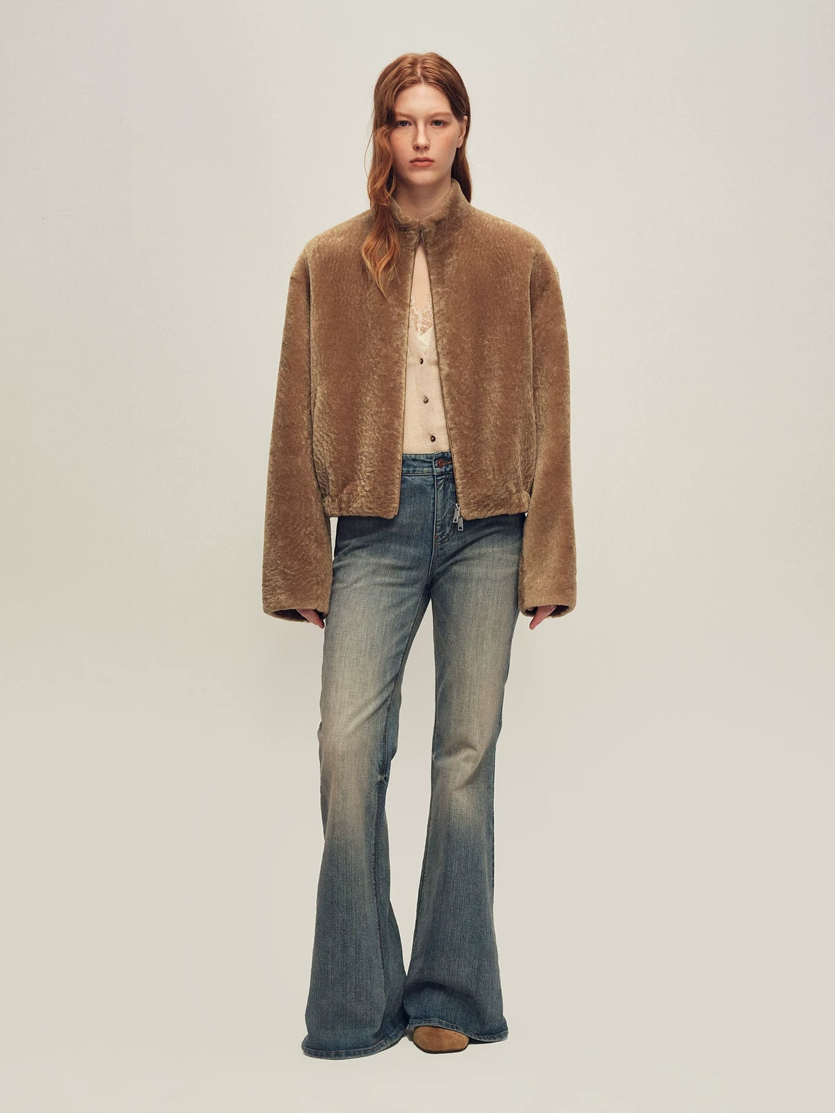 Firelady Fur Women's Cropped Shearling Fur Coat - Stand Collar in Camel - view 3