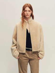 Firelady Fur Women's Cropped Shearling Fur Coat - Stand Collar in Cream Beige - front half-body