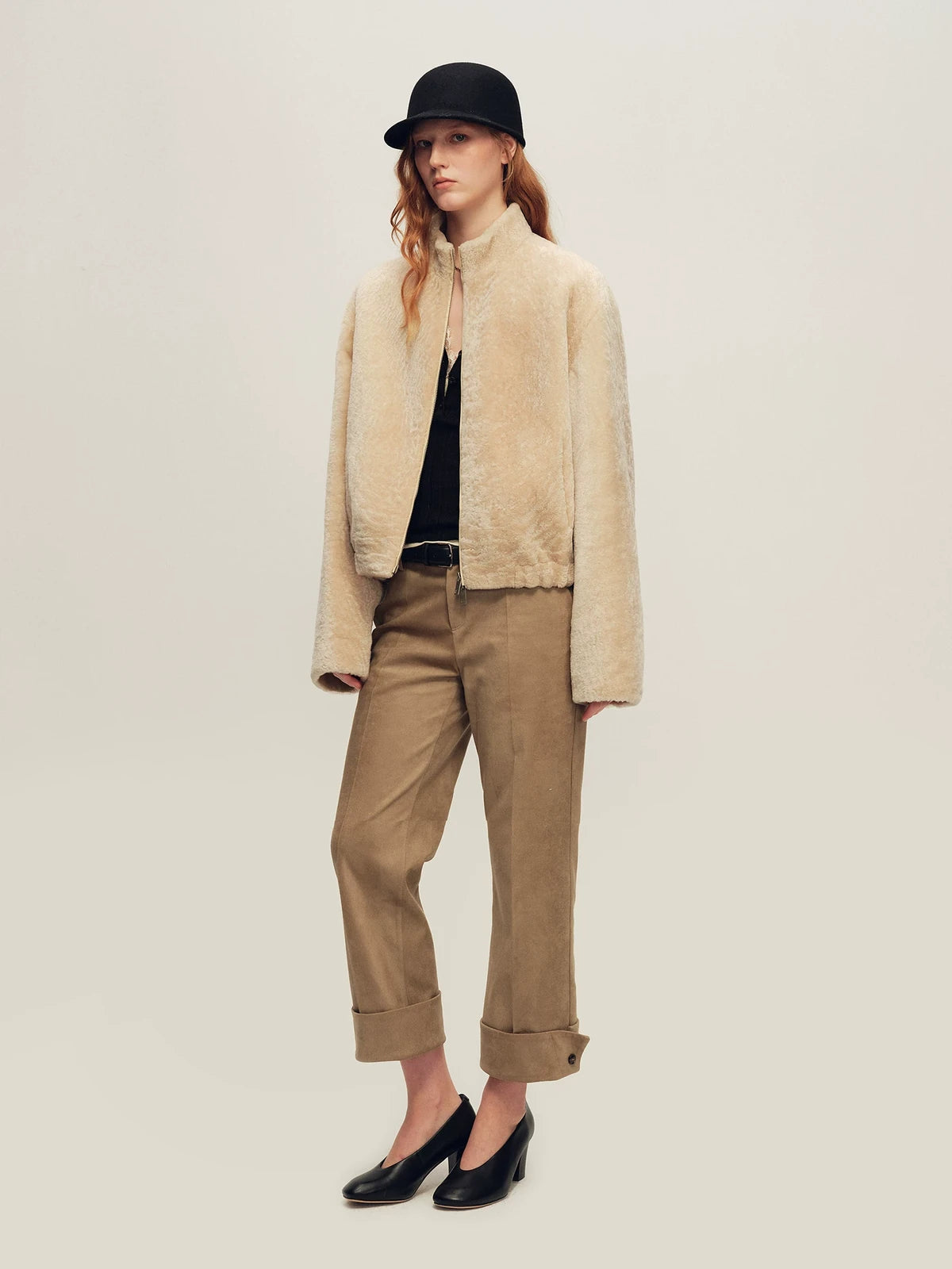 Firelady Fur Women's Cropped Shearling Fur Coat - Stand Collar in Cream Beige - view 2