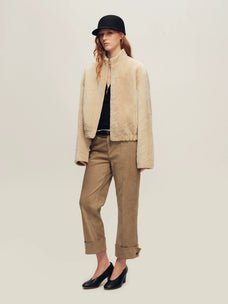 Firelady Fur Women's Cropped Shearling Fur Coat - Stand Collar in Cream Beige - view 2